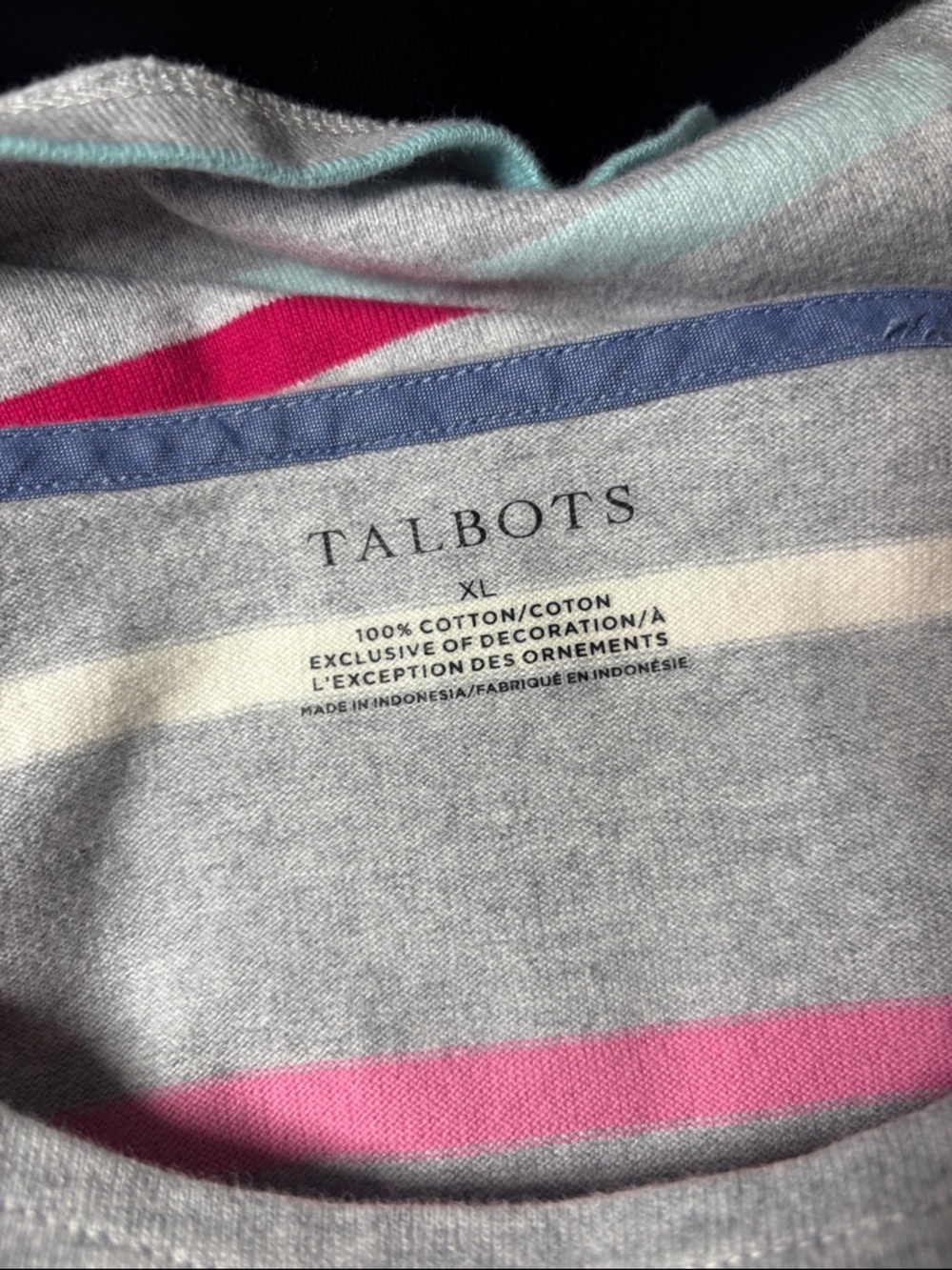 Talbots Light Gray Striped Boatneck Long-Sleeve Top, XL, 100% cotton - Picture 7 of 8